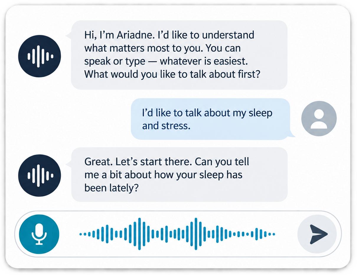 An AI agent conversation by voice and text, with a live waveform